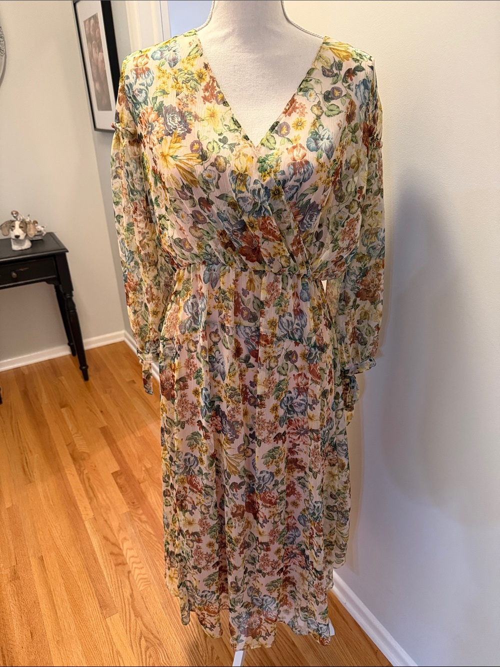 Zara Floral V-Neck Long Sleeve Midi Dress in Multicolor